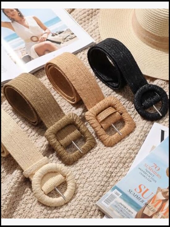 4 Pack Elastic Raffia Woven Belt Boho Stretch Straw Wide Waist Belt